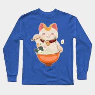 cat eating ramen in bowl Long Sleeve T-Shirt